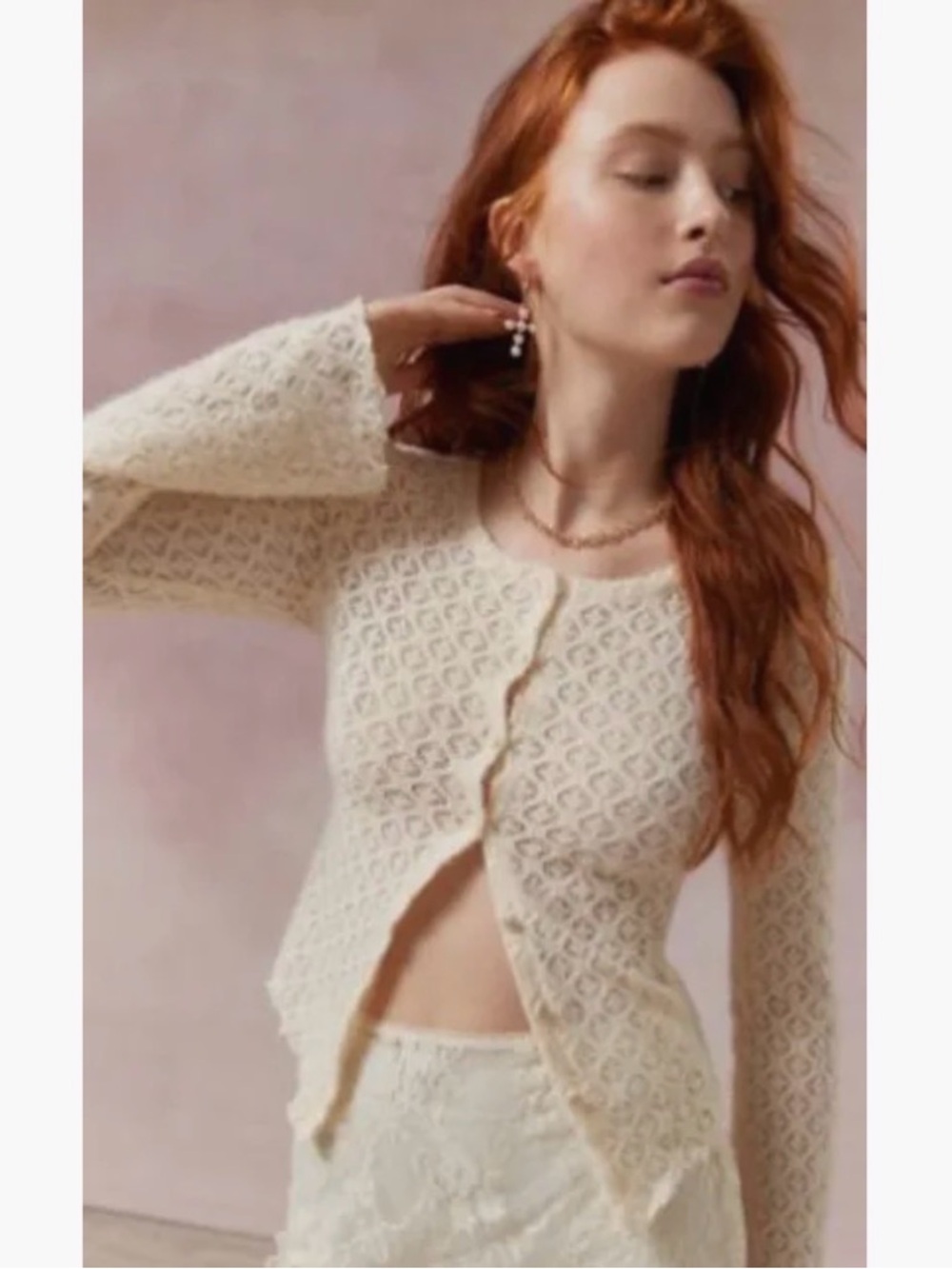 Kimchi Blue Cream Lace-Texture Button Cardigan